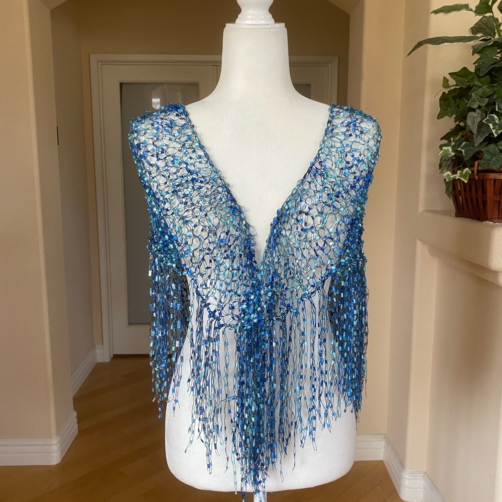 Handmade Crocheted Fringed Blue Women's Wrap - Picture 5 of 8